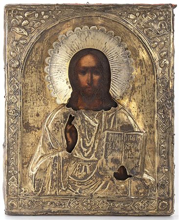 Icona russa con riza in argento raffigurante "Cristo Pantocratore" - Mosca 1872