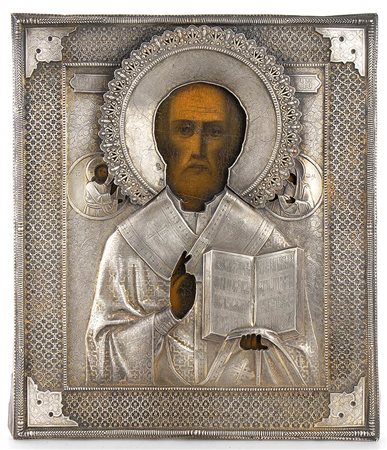 Icona russa con riza in argento raffigurante "Cristo con i santi" - Mosca 1880