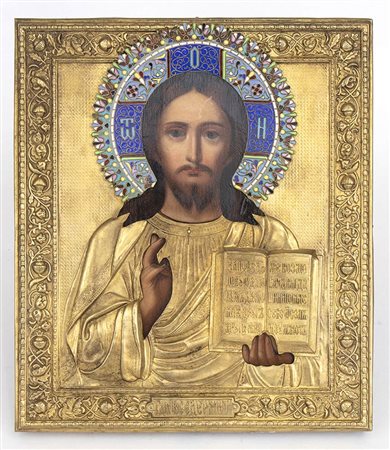 Icona russa con riza in metallo raffigurante Cristo Pantocratore - XIX secolo