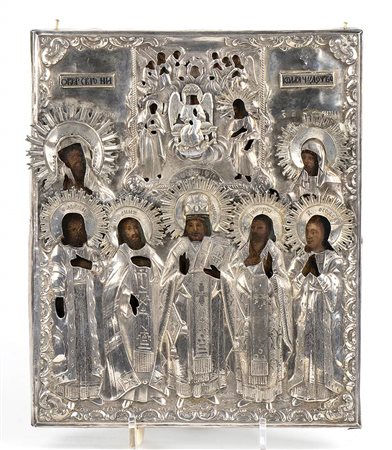 Icona russa con riza in argento raffigurante "Icona di famiglia" - Pskov 1857