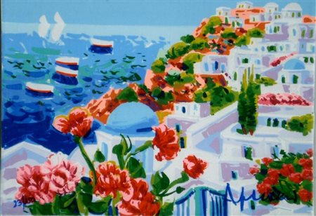 FACCINCANI ATHOS (n. 1951) Santorini due vele all'orizzonte. Serigrafia. Cm...