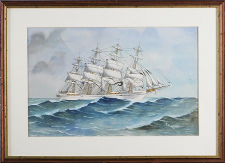 TAKES R. Veliero bianco. Acquerello su cartoncino. Cm 33,5x53. Inizio XX...