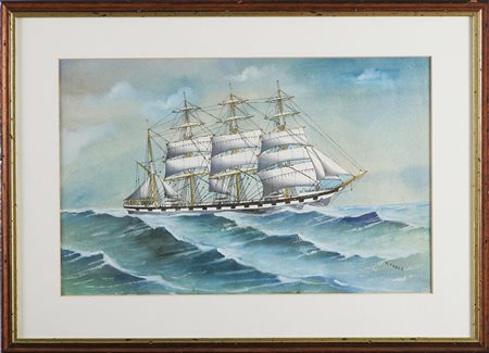 TAKES R. Veliero bianco con scafo nero. Acquerello su cartoncino. Cm 33,5x53....