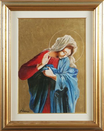 PELIZZONI Madonna con fondo oro. Olio su cartoncino. Cm 46x34,5. Firma in...