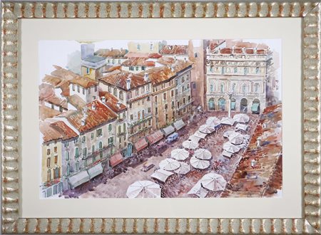 MAIRANI ALDO Giorno di mercato in Piazza Delle Erbe, 1965. Acquarello su...