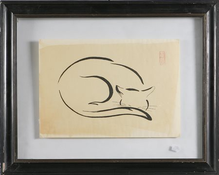 ANONIMO Gatto. China su carta. Cm 26,5x39,5. Simbolo giapponese in alto a...