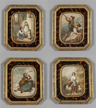 Scuola francese sec.XIX, quattro stampe di 