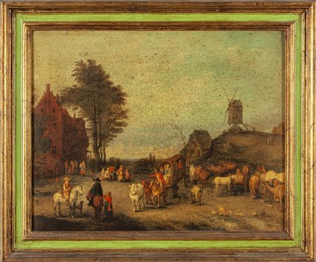 Scuola fiamminga sec.XX "Paesaggio con carovana" 