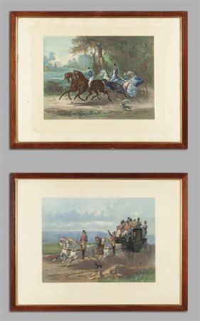 Coppia di grandi stampe policrome a soggetto 