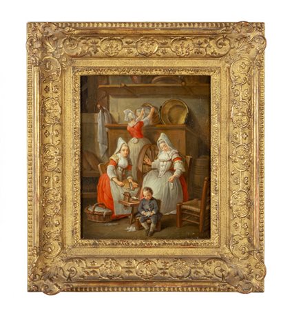 Scuola francese sec.XVIII "La filanda" olio su 