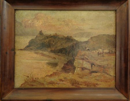 "Pecore in riva ad un lago" olio su 