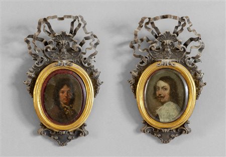 Gentiluomini, coppia di miniature su rame, 