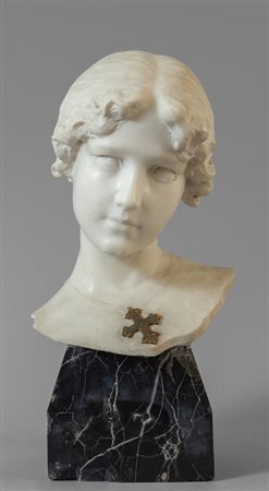 Busto di fanciulla in marmo bianco con base in 