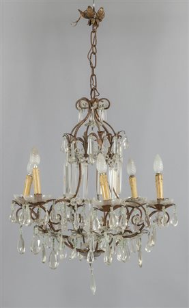Lampadario a sei luci in ferro e cristalli, 