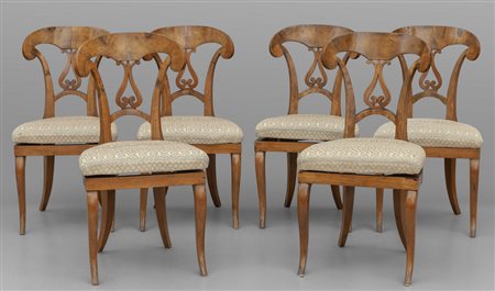 Sei sedie Carlo X lastronate in piuma di mogano, 