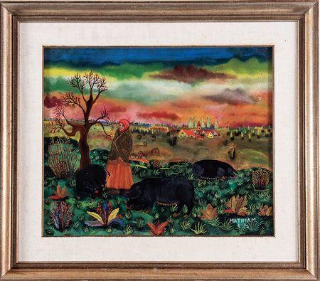 Artista Naif del XX secolo, “Donna al pascolo con maiali”.