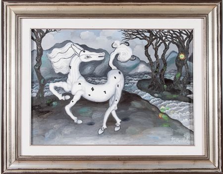 Mario Bortolami (Voltabarozzo 1924 - 2001), “Paesaggio d’inverno, cavallo spaventato”, 1974.