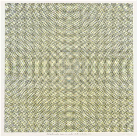 SOL LEWITT
Black grid, red circles, blue arcs from four sides, and yellow arcs from four corners, 1972