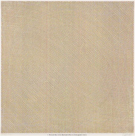 SOL LEWITT
Red grid, blue circles, black and yellow arcs from opposite corners
