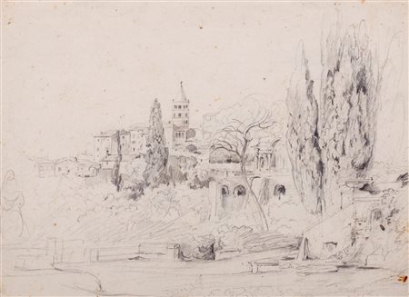 Friedrich Horner (Basilea 1800-1864)  - Tivoli, veduta dai giardini di Villa d'Este