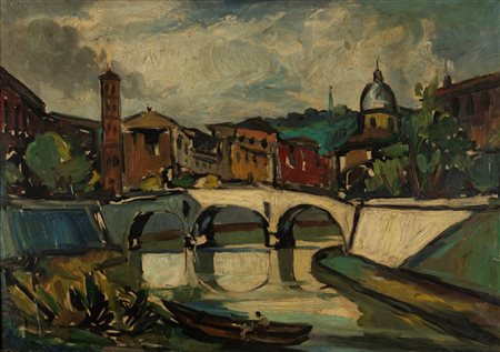 Achille Sdruscia (Roma 1910-1994)  - Roma, veduta del Tevere con l'Isola Tiberina