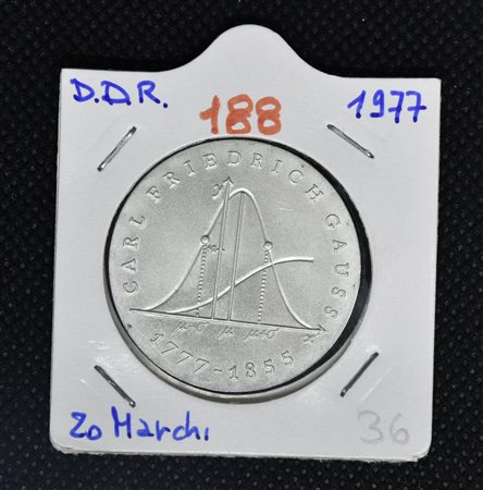 20 MARCHI DDR 1977 in argento, Carl Friedrich Gauss 1777-1855