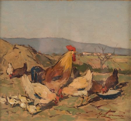 GIOVANNI LOMI (Ardenza 1889 - Livorno 1969) "Galli". Olio su cartone telato....