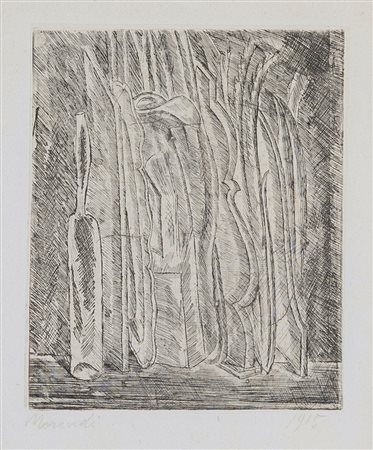 GIORGIO MORANDI (Bologna 1890 - Bologna 1964) "Natura morta con bottiglia e...
