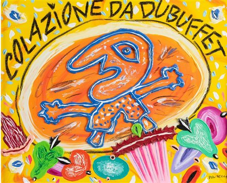 BRUNO DONZELLI (Napoli 1941) "Colazione da Dubuffet". Olio su tela. Cm 40x50....