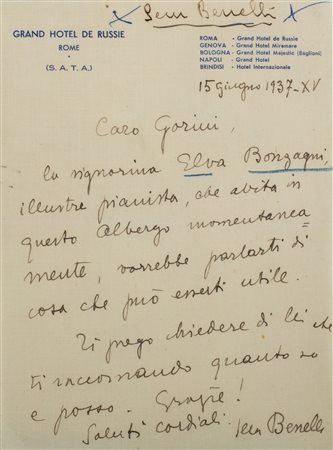 Benelli, Sem - Lettera autografa firmata