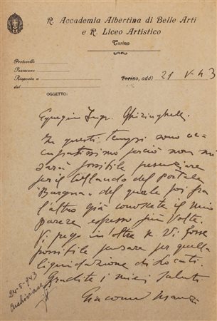 Manzù, Giacomo - Lettera autografa firmata