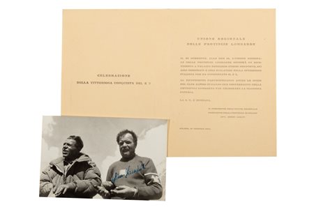 Alpinismo / Compagnoni, Achille - Desio, Ardito - Lacedelli, Lino - Impresa del K2 - foto e invito firmato