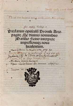Dioniso Areopagita - Preclarum opusculum Dyonisii Areopagite. De diuinis nominibus Marsilio Ficino interprete impressioneque noua luculentum