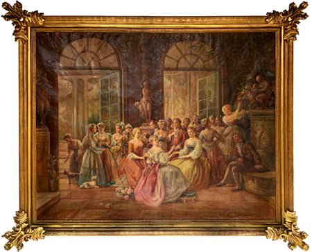 Dipinto ad olio su tela raffigurante scena conviviale di genere, firmato Mario Siragusa (1884-1980). Cm 162x196. Dipinto