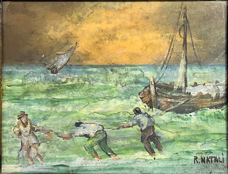Renato Natali (Livorno, 10 maggio 1883 - Livorno, 7 marzo 1979), dipinto ad olio su tela raffigurante marinai, firmato i