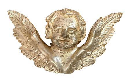 Scultura di angelo con ali spiegate in legno dorato a foglia, XIX secolo. Cm 65x34. Spessore cm 18