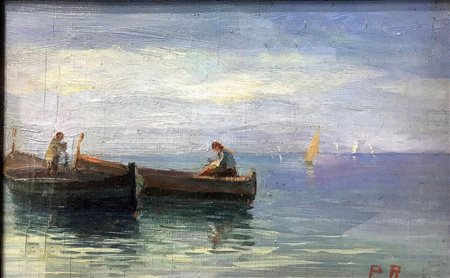 Olio su tela applicata a tavola raffigurante marina con barche, XX secolo. Cm 18x27, con cornice cm 33x43. Firmato P.A.