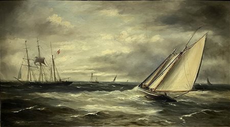 Dipinto ad olio su tela. Barche in mare, pittore del XIX secolo. Cm 45x77.