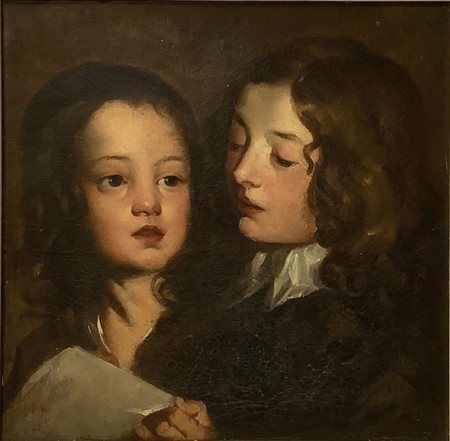 Dipinto ad olio su tela raffigurante viso di ragazzo e ragazza con lettera, pittore della prima metÃ  del XIX secolo. Cm