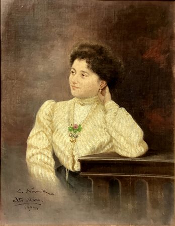 Dipinto ad olio su tela applicata a cartone, raffigurante donna, firmato in basso a sinistra E. Nowak,(1853-1919), riportante scritta alto mare ,e
