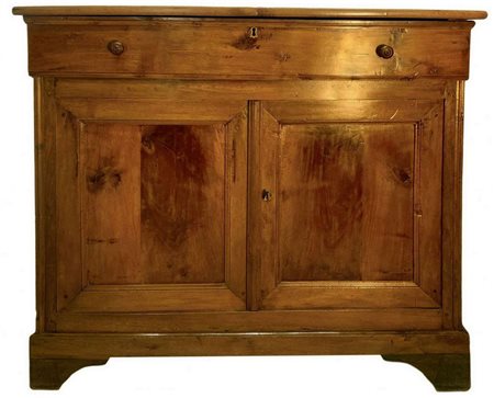 Mobile servante in legno di noce con grande cassetto superiore e due sportelli inferiori in radica, fine XIX secolo, Fra