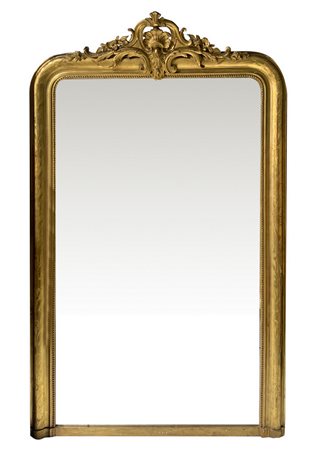 Specchiera caminiera in legno dorato e cimasa in testa, Francia XIX secolo. Cm 180x112