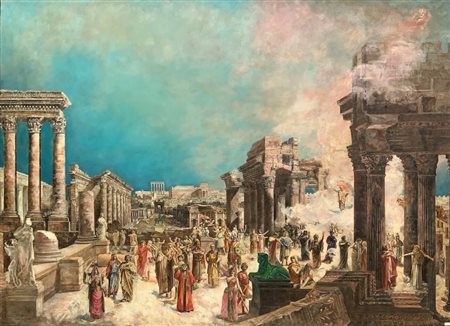 Grande dipinto ad olio su tela raffigurante Fori Romani con personaggi (Fasti dell&rsquo;Impero Romano), inizi XX secolo