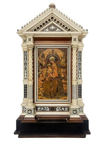 Piccola edicola/ancona in legno, avorio e madreperla, Alessandro Monteneri (Perugia 1832-1920). All'interno mosaico lign