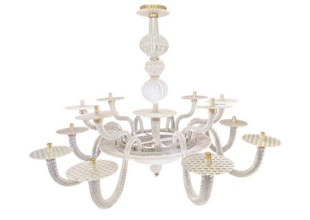 Grande lampadario in vetro di Murano, 16 luci piÃ¹ 3 luci centrali in coppa. H cm 120. Larghezza cm 155