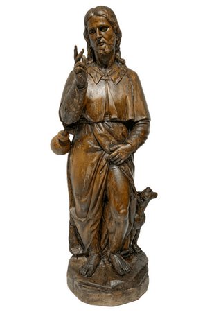 Statua lignea raffigurante San Rocco con il cane, scultore italiano del XVII secolo. H cm 125. Base circolare cm 44