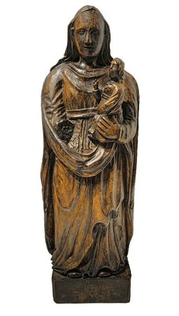 Scultura raffigurante Madonna e bambino benedicente, scultore tedesco del XV secolo. H cm 83. Base cm 25x17