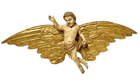 Scultura con angelo policromo in legno laccato e dorato a foglie. Cm 32x74
