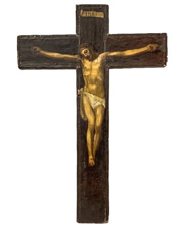 Croce in legno con dipinto Cristo cricifisso policromo, XVIII secolo. H cm 77x52