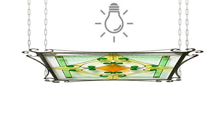 Lampadario a sospensione con struttura in ferro battuto e vetri cattedrale con lavorazione stile Tiffany. Cm 121x 121